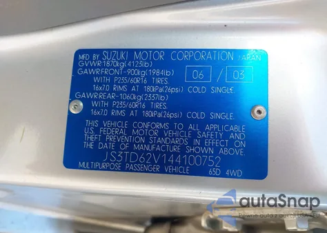 2004 Suzuki Grand Vitara from USA, damaged, VIN JS3TD62V144100752